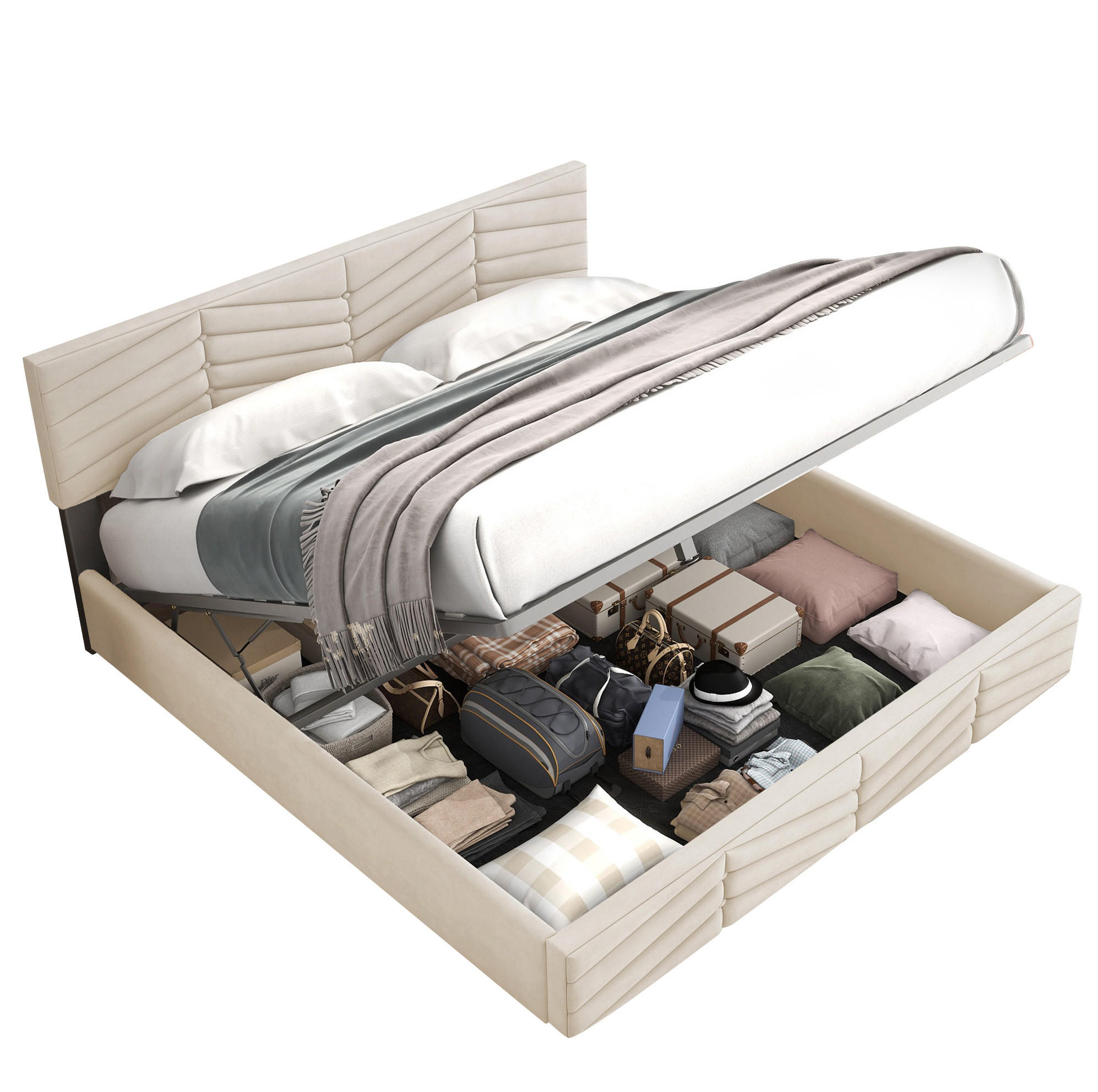 SAMT-POLSTERBETT 160/200 cm mit Bettkasten und höhenverstellbarem Kopfteil - Beige, Textil (160/200cm) - BEAOK