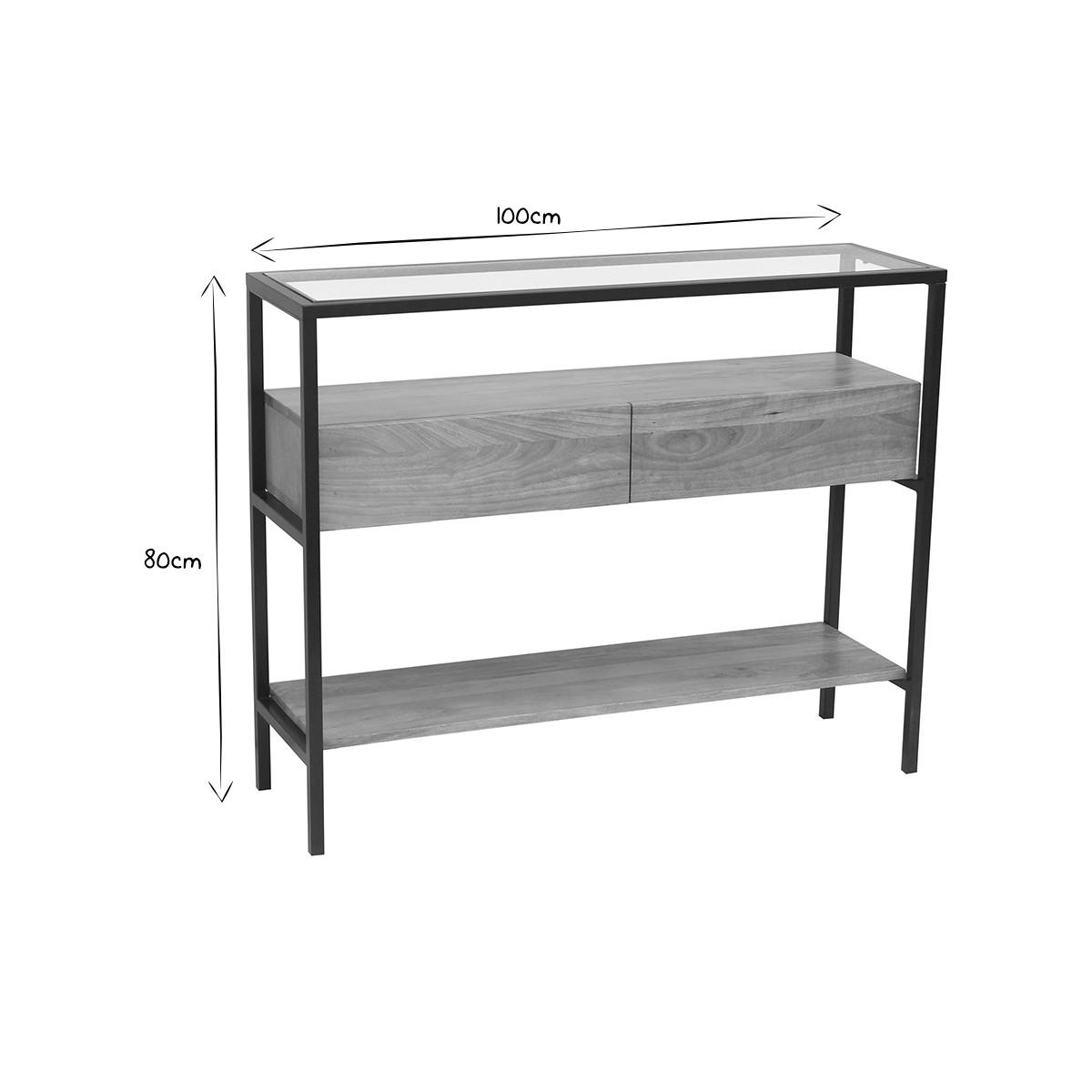 KONSOLE Massiv Mangoholz Glasplatte 2 Schubladen B100 SITA - Eiche Bianco, Holz (100/30/80cm) - Miliboo