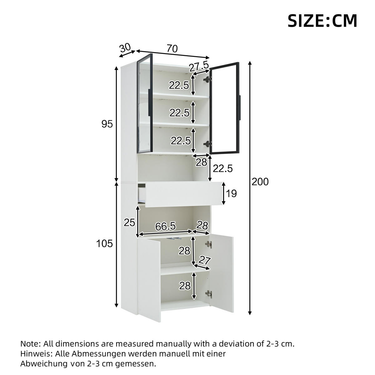 VITRINE LED Glas Hochschrank 2 Türen Schubladen Weiß - Weiß, Holzwerkstoff (70/200/30cm) - FLIEKS
