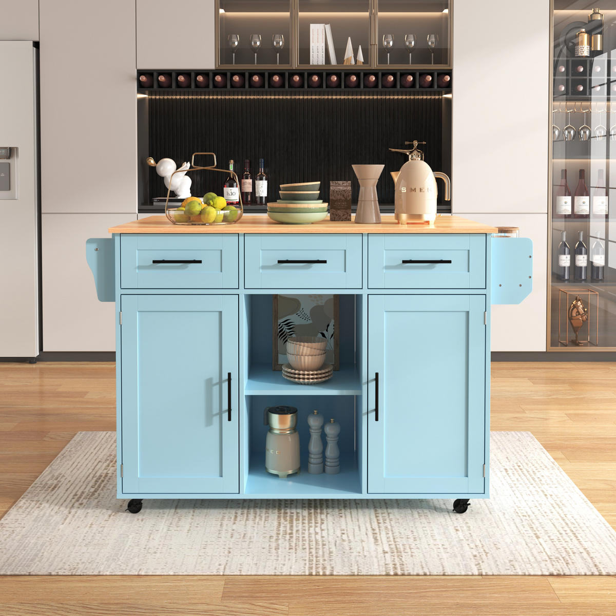 KÜCHENINSEL 139/46/91.5 cm Blau mit 3 Schubladen, klappbare Arbeitsplatte und Stauraumtüren - Blau, Holz/Holzwerkstoff (46/91.5/139cm) - Oxeza