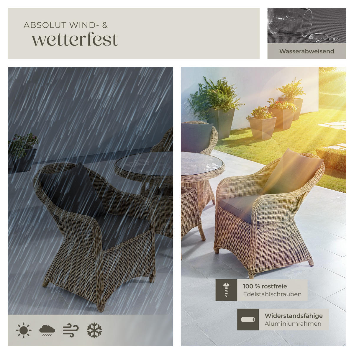 RATTAN SITZGRUPPE Zürich,Stühle vormontiert,natur - Naturfarben, Kunststoff - tectake