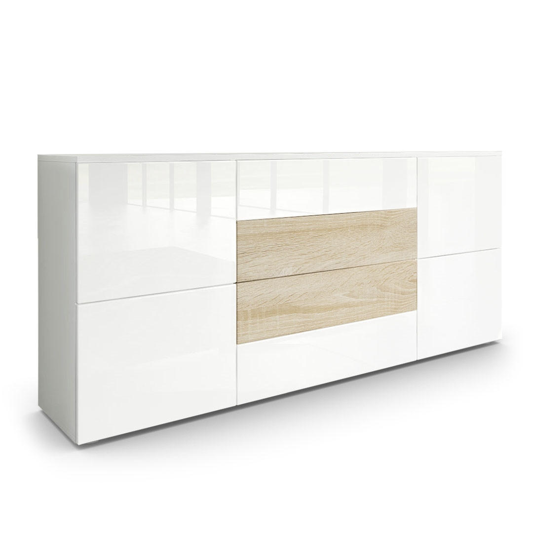 SIDEBOARD Rova Weiß Hochglanz / Eiche sägerau - Weiß Hochglanz/Eiche San Remo, Holzwerkstoff (166/72/35cm) - Vladon