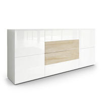 SIDEBOARD Rova Weiß Hochglanz / Eiche sägerau - Weiß Hochglanz/Eiche San Remo, Holzwerkstoff (166/72/35cm) - Vladon