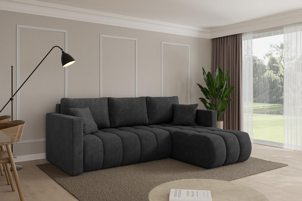 ROHOVÁ SEDAČKA s funkcí spaní, otoman vpravo GARD-L 226x146x85 tmavě šedá velur - černá/antracitová, kompozitní dřevo/textil (226/146cm) - ALTDECOR