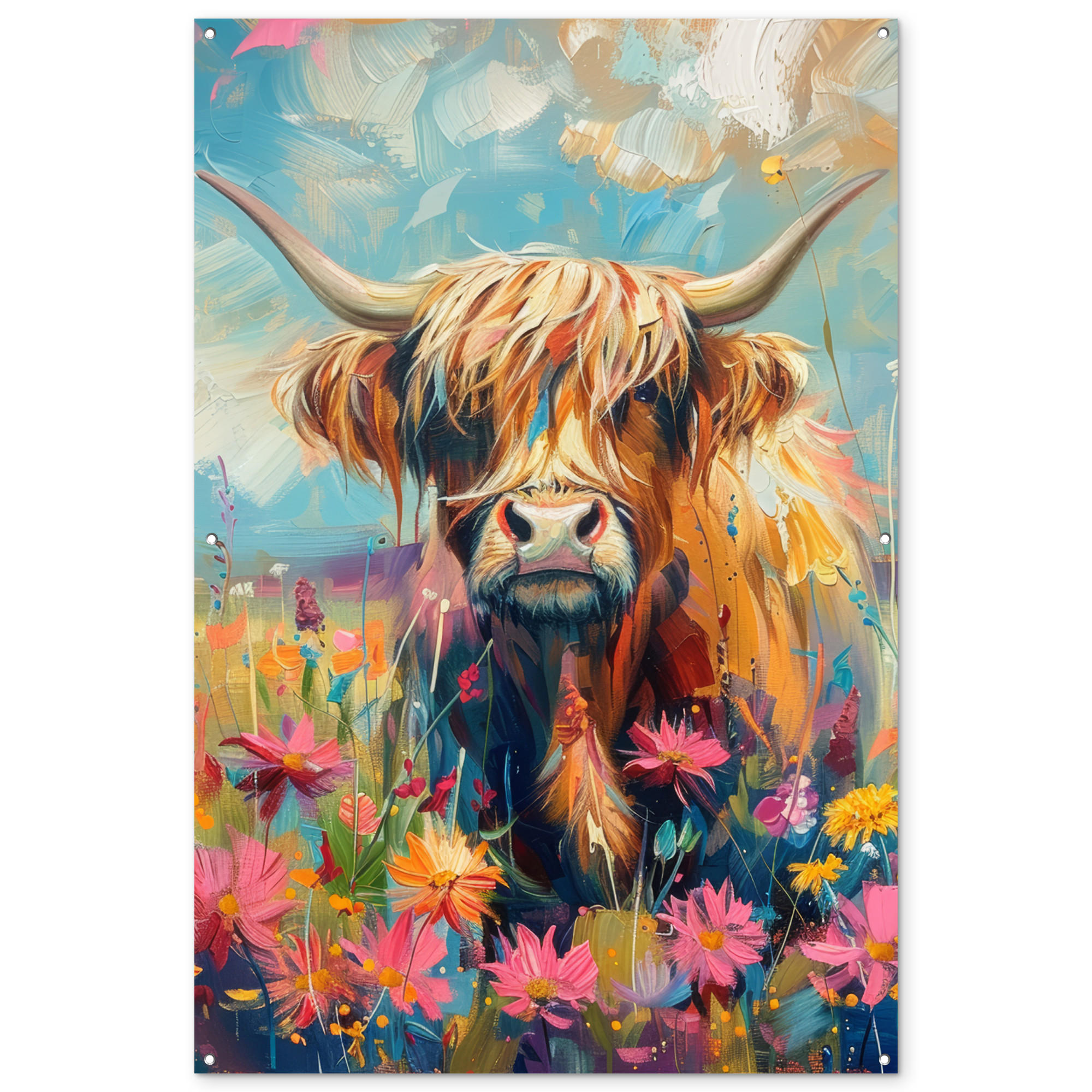 GARTENPOSTER Schottische Hochländer - Natur - Farbenfroh - Blumen 120x180 cm - Hellblau, Kunststoff (120/180/0.2cm) - OnlyWow