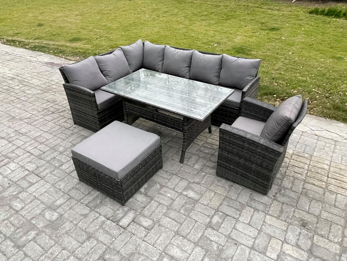 SITZGRUPPE mit Esstisch,Fußhocker Polyrattan Dunkelgrau 8-Sitzer - Dunkelgrau/Grau, Glas/Kunststoff - Fimous