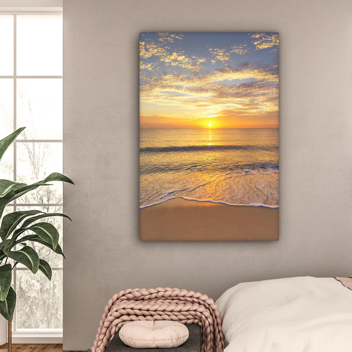 LEINWANDBILD Strand - Sonnenuntergang - Meer Deko XXL 80x120 cm - Gelb, Textil (80/120cm) - MuchoWow