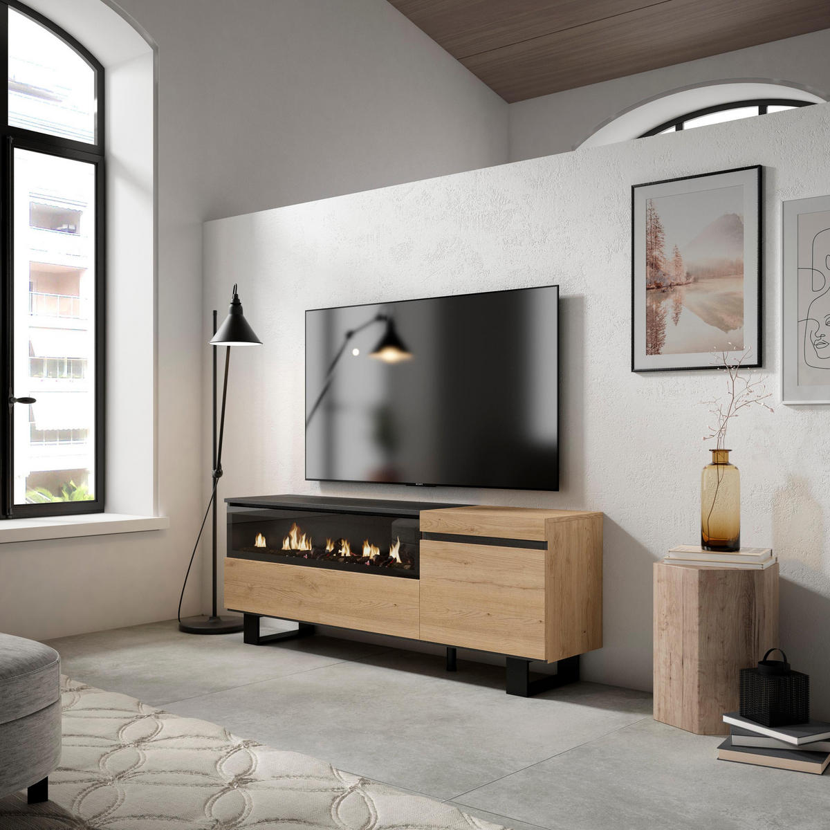 TV-SCHRANK eiche, schwarz, mit Elektrokamin, 150/35/57cm - Beige, Holzwerkstoff (150/57/35cm) - Skraut Home