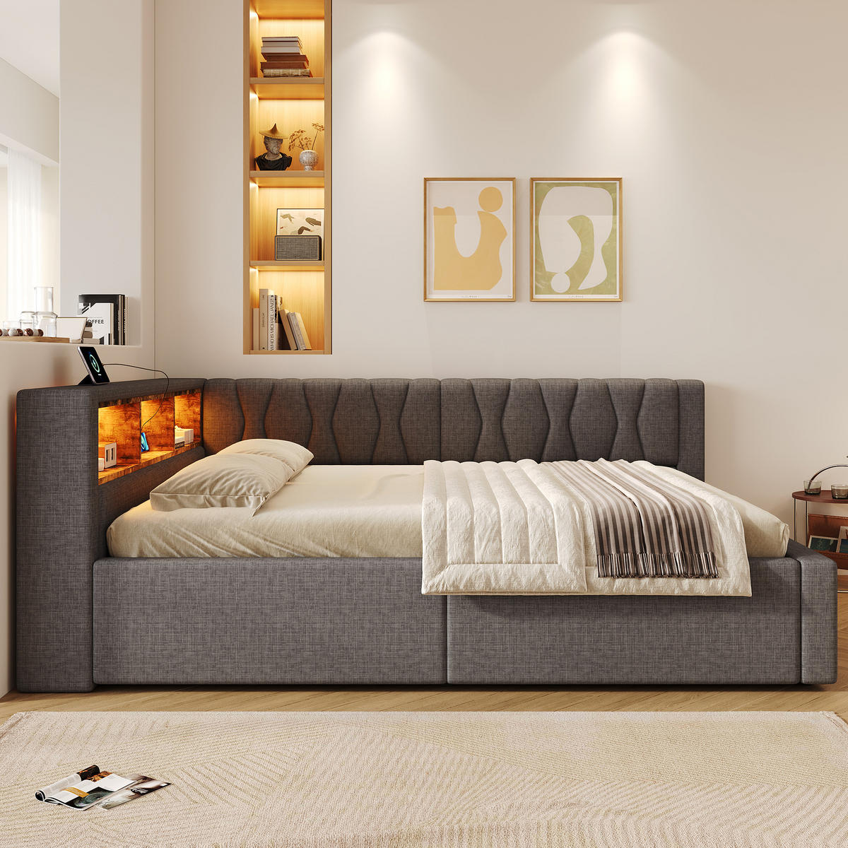 DENNÍ POSTEL 140x200cm Pohovka Úložná LED USB Šedá - šedá, přírodní materiály (140/200cm) - FLIEKS