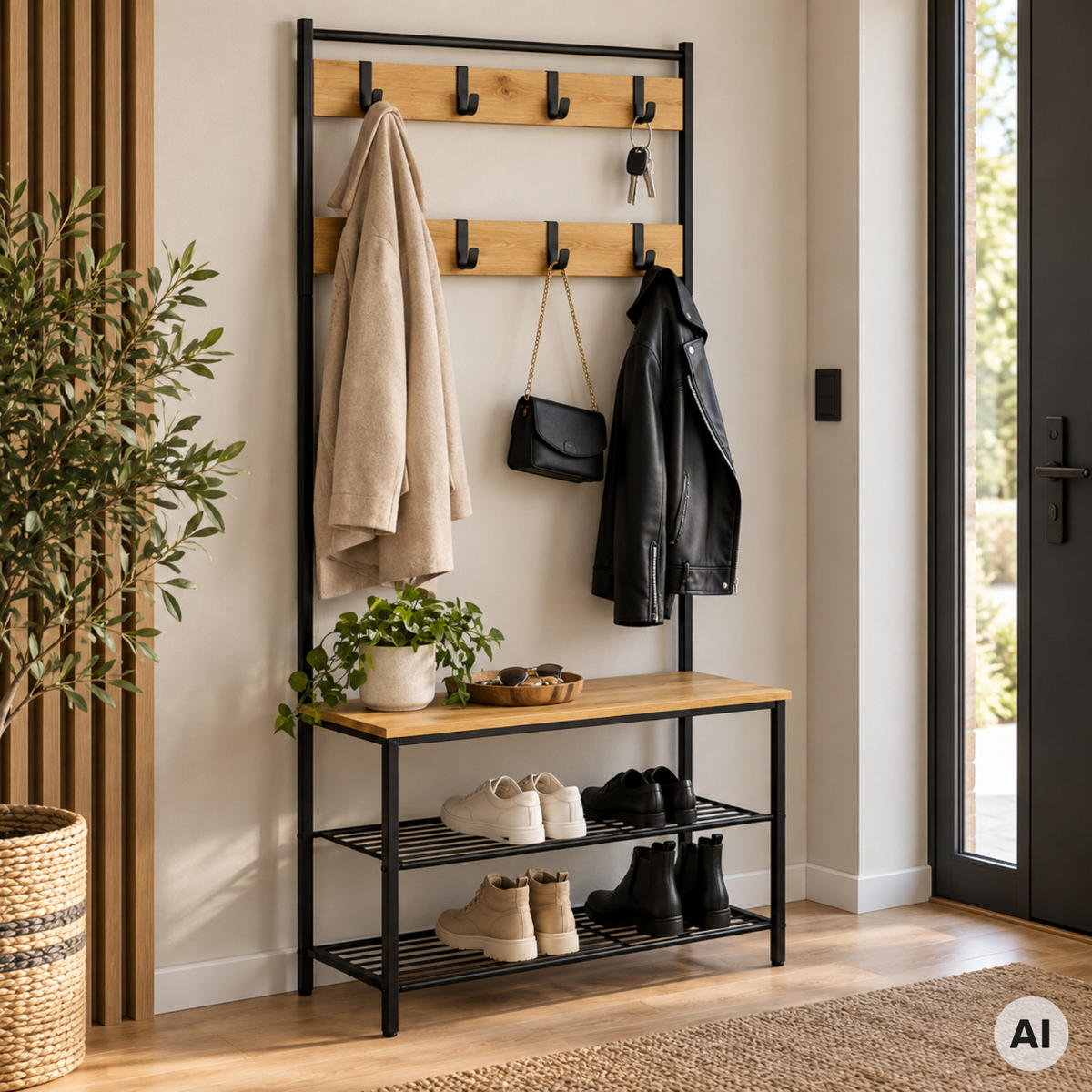 GARDEROBENSTÄNDER Eiche Schwarz 70x32x175 cm mit Sitzbank 8 Haken - Eichefarben/Schwarz, Holzwerkstoff/Metall (70/175/32cm) - Begryf