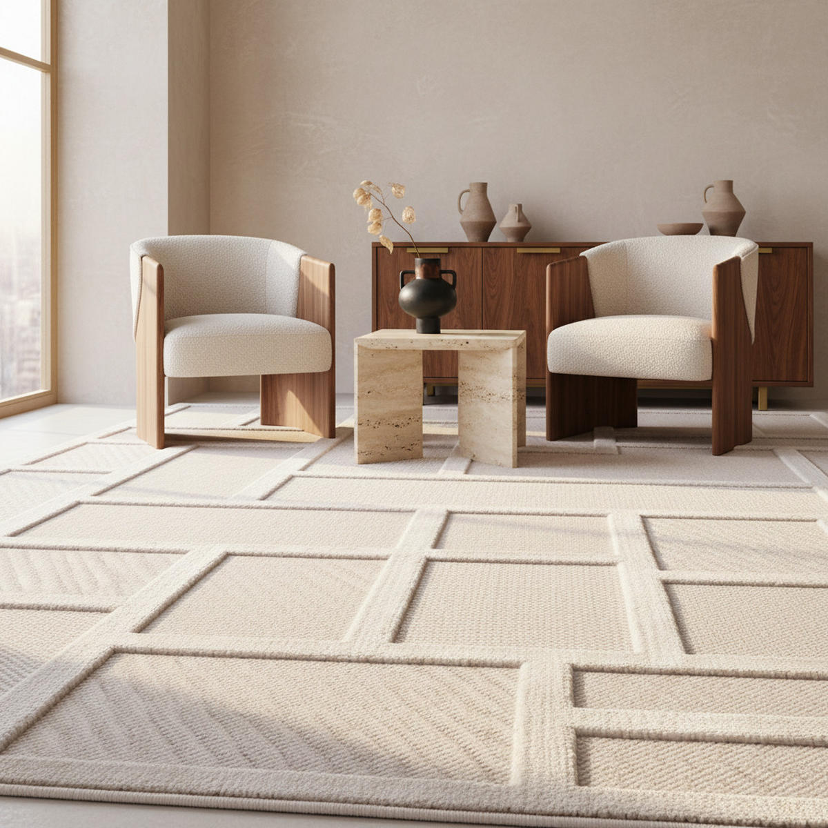 TEPPICH In-/Outdoor Kurzflor Relief-Design Polypropylen Terrasse Creme Rechteckig 140x200 - Beige, Textil (140/200cm) - KADIMA DESIGN
