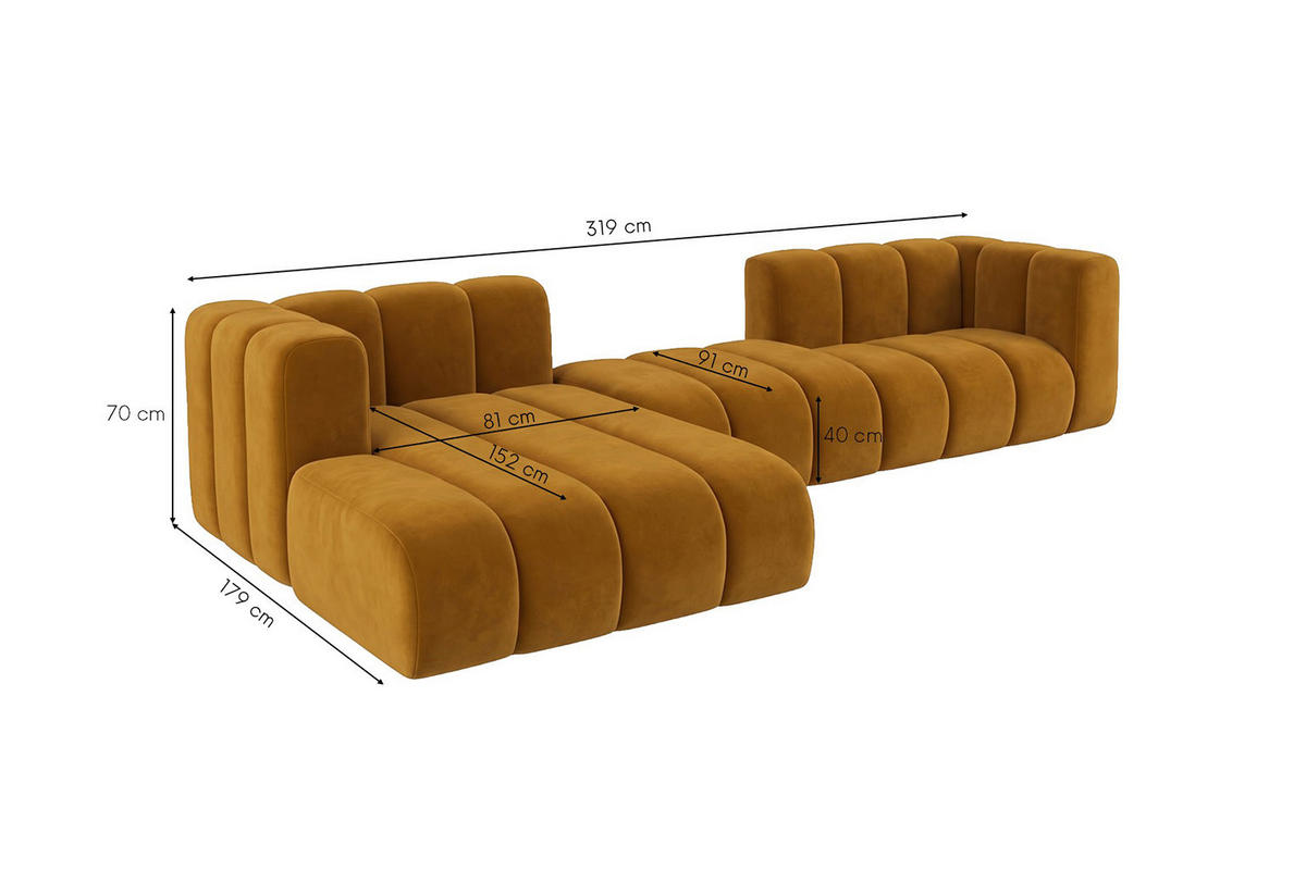 ECKSOFA Modulares In L-Form, Velvet-Stoff Riviera, Senffarbe, Links, GRAND 319 cm - Gelb, Holz (319/175cm) - Kaiser Möbel