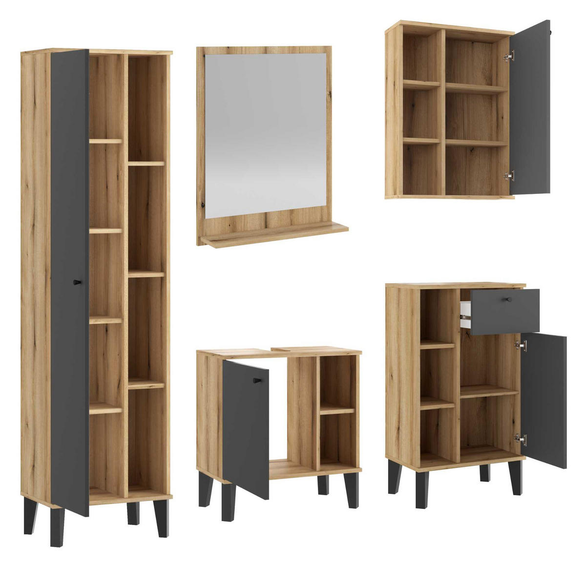 BADMÖBEL-SET 5-teilig grau, Evoke Eiche, Badkombination, 182 x 190 cm - Eichefarben/Grau, Glas/Holzwerkstoff (182/190/33cm) - Furn.Design