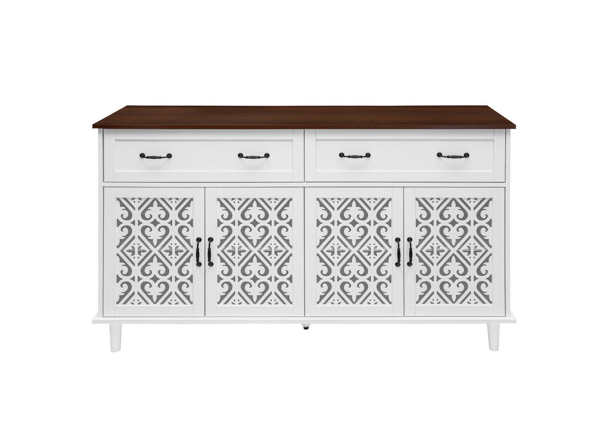 SIDEBOARD aus Spanplatte und Massivholz 150x40x93 cm Weiß mit 4 Türen, 2 Schubladen, verstellbaren Einlegeböden und Vintage-Front - Weiß, Holzwerkstoff (150/90.3/40cm) - Modfu