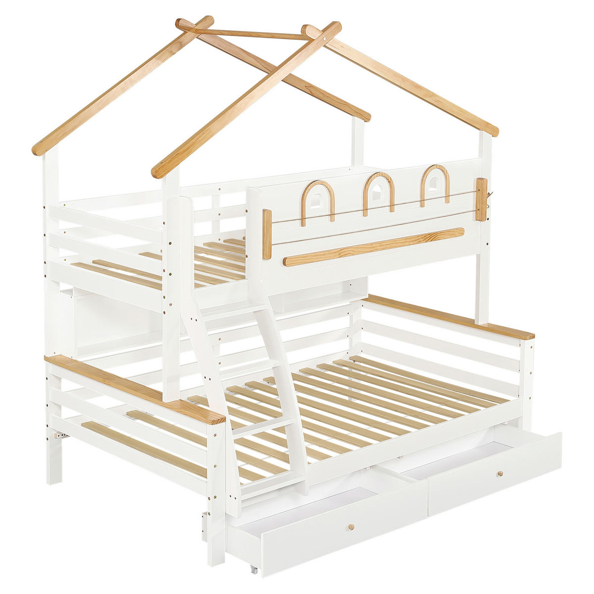 ETAGENBETT mit Schubladen und Treppe 90x200/120x200 cm Weiß/Natur - Weiß, Holz (90/200cm) - Meubliv