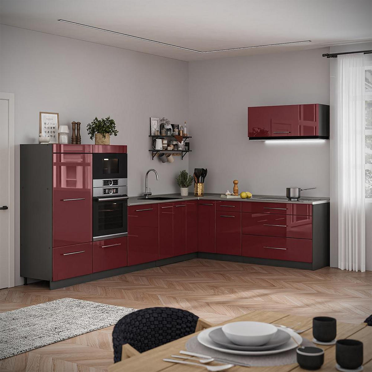 KUHINJA V OBLIKI ČRKE L Fame-Line, Bordo rdeča barva visokega sijaja/Antracit, 327 x 227 cm, DP Hrast - bordo/antracit, leseni material (327/153.6/60cm) - Vicco