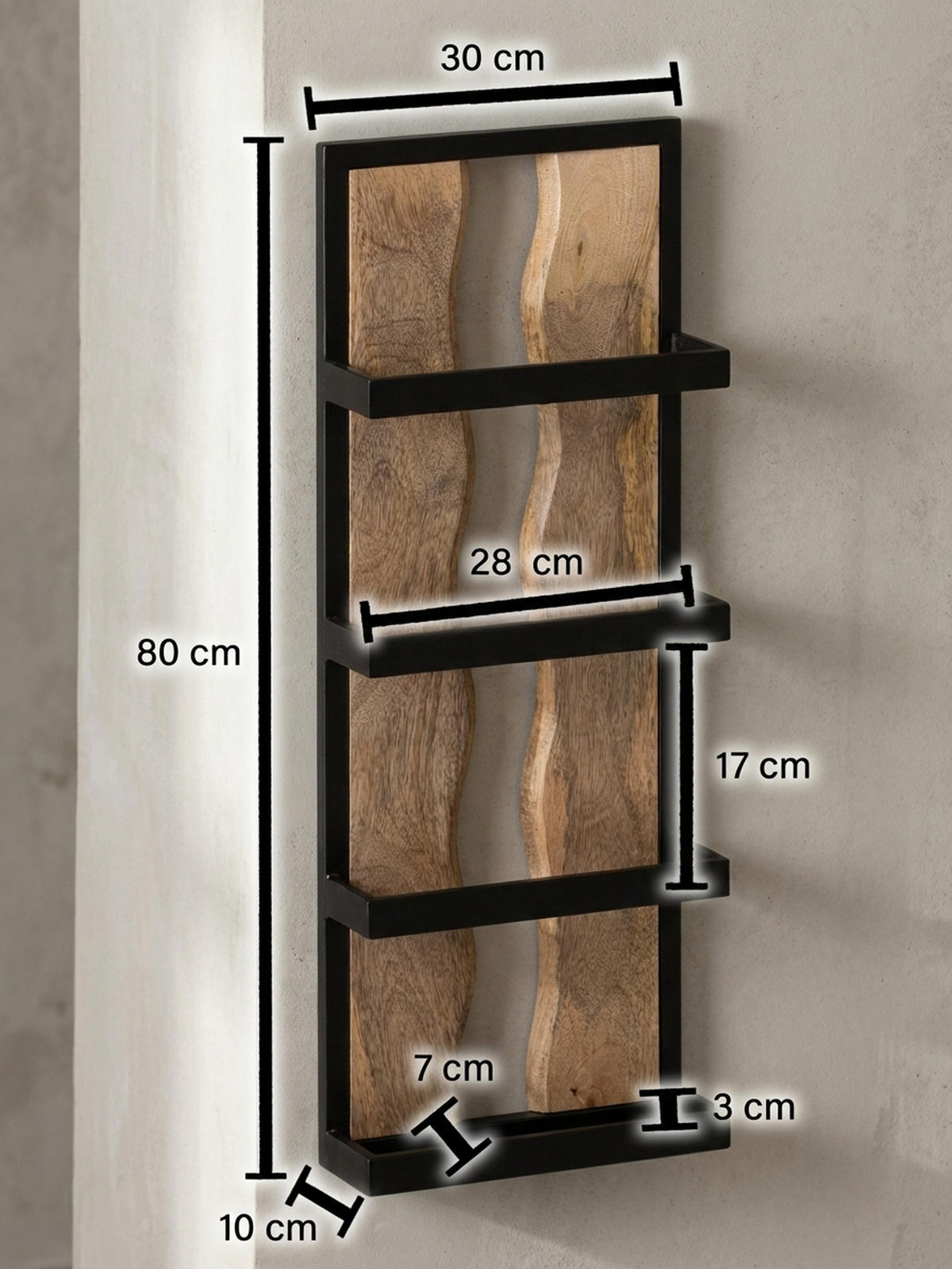 WANDREGAL Mango Massivholz Metall Industrial Stil 30x80x10 cm Rechteckig mit 4 Ablagen und Wellenmuster - Braun, Holz (80/30/10cm) - KADIMA DESIGN