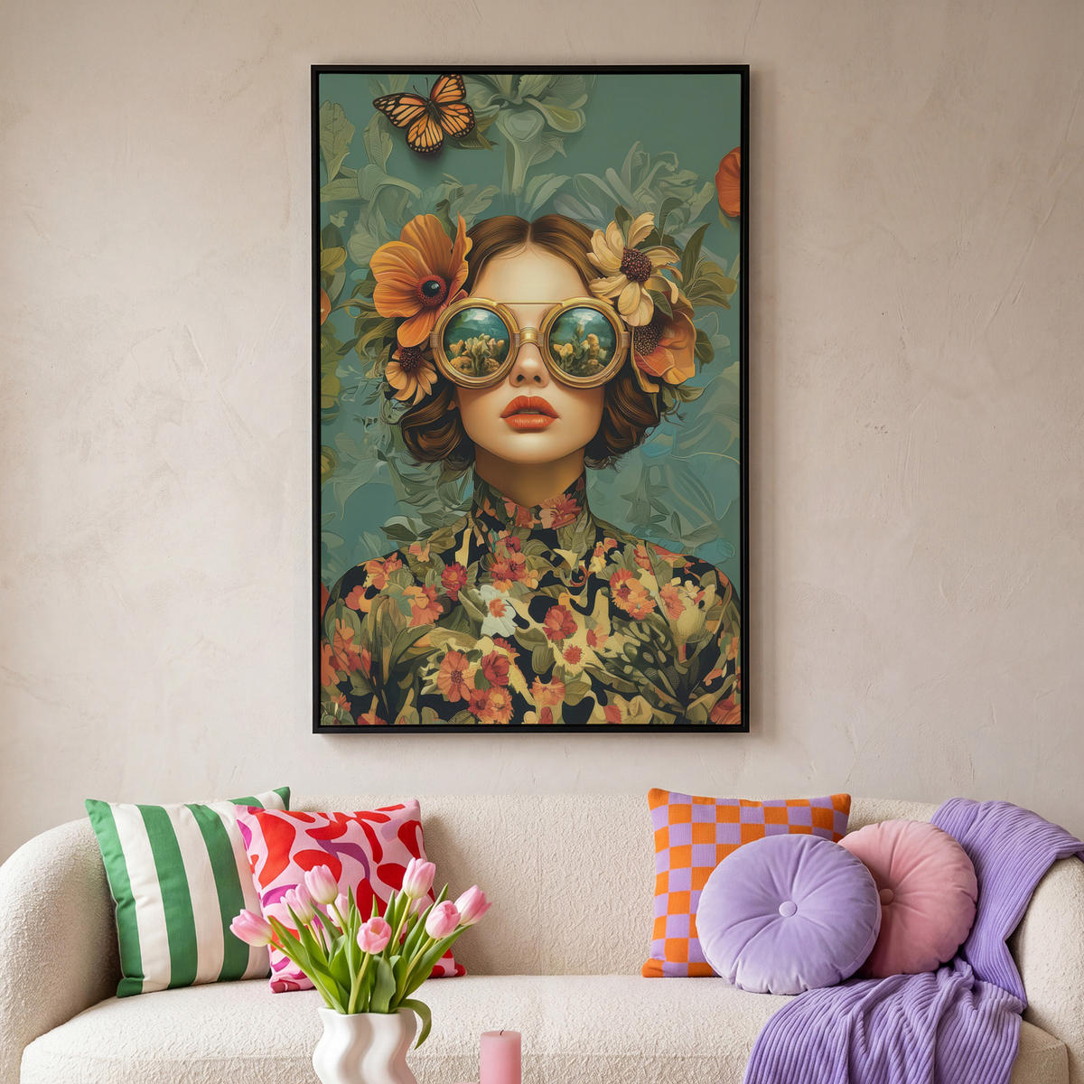 LEINWAND Bilder mit Rahmen - Frau - Blumen - Schmetterlinge - Natur - Vintage - 100x150 - Salbeigrün, Textil (100/150cm) - MuchoWow