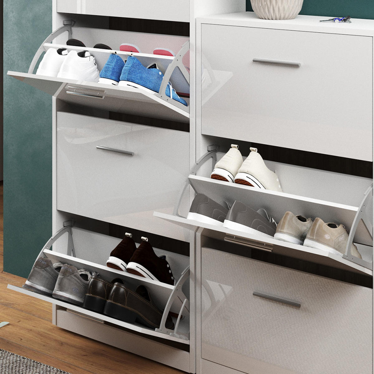 SCHUHKIPPER Gizmo Weiß Hochglanz 59 x 169.5 cm - Weiß Hochglanz, Holzwerkstoff (59/169.5/22cm) - Vicco