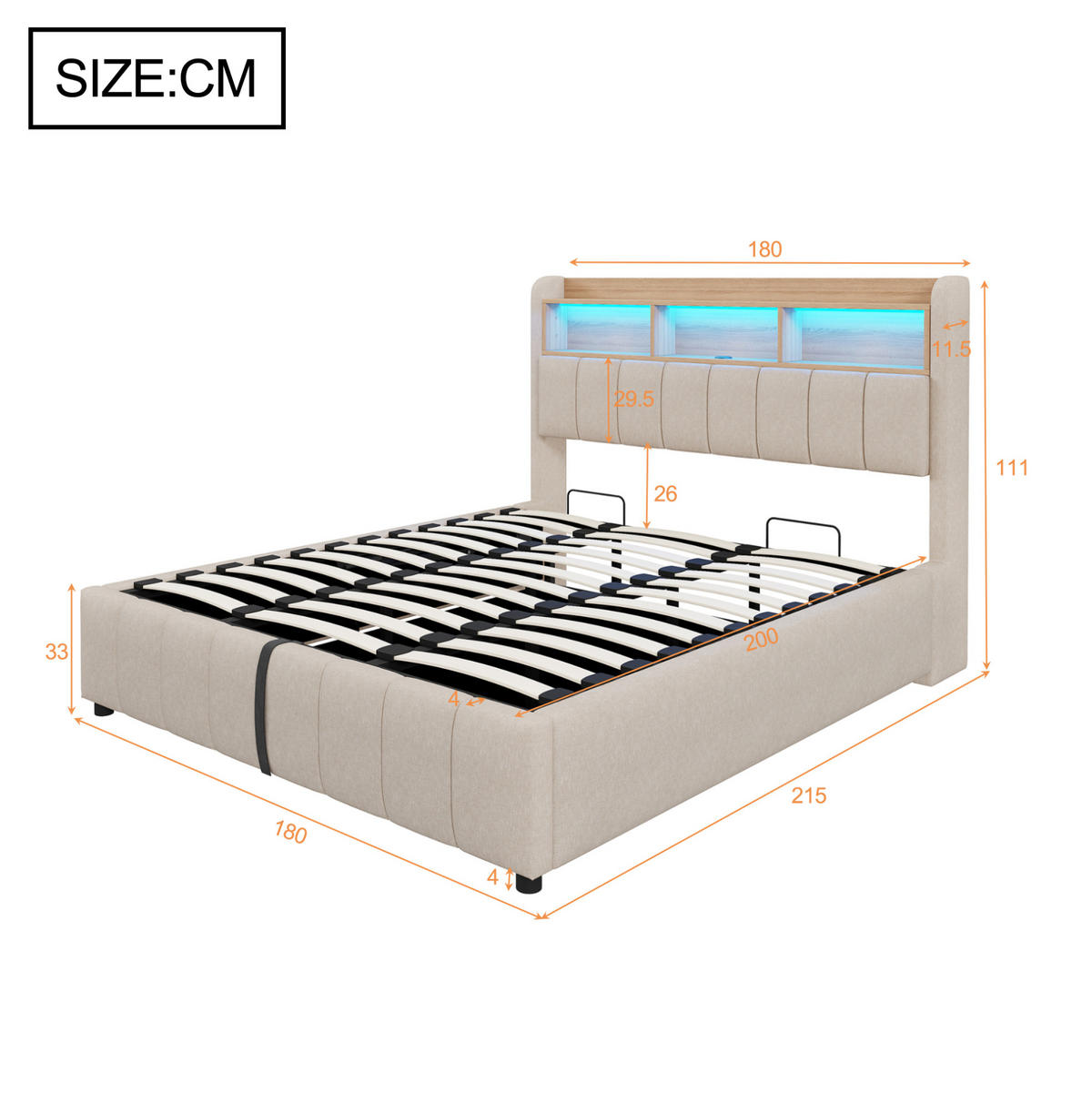 ČALOUNĚNÁ postel 180/200 cm z lněné tkaniny béžová s LED osvětlením, USB a úložným prostorem - béžová, textil (180/200cm) - BEAOK