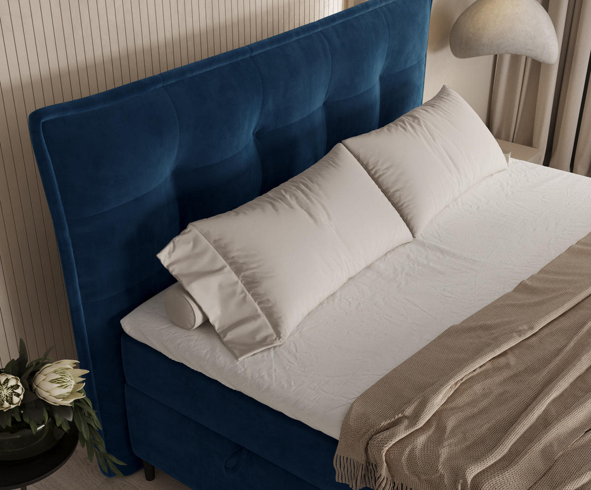 BOXBETT Sinai Dunkelblau 140/200 cm mit Taschenmatratze und Topper - Schwarz/Dunkelblau, Holz/Holzwerkstoff (140/200cm) - Maison de Reve