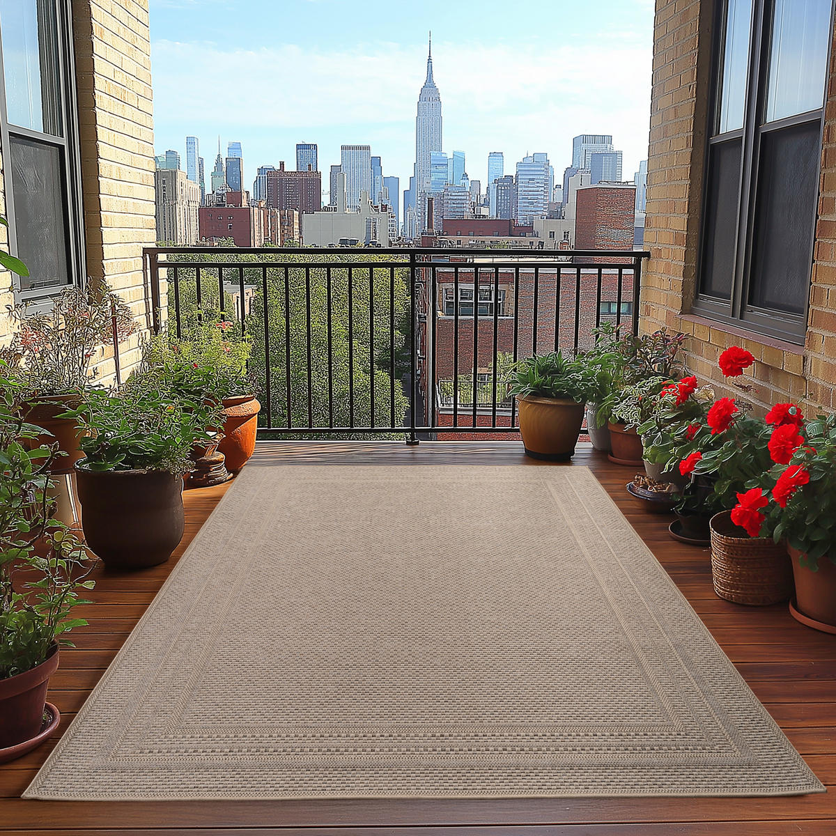 TEPPICH Outdoor Flachgewebe Bordürenmuster Polypropylen Terrasse Beige Rechteckig 200x290 - Beige, Textil (200/290cm) - KADIMA DESIGN