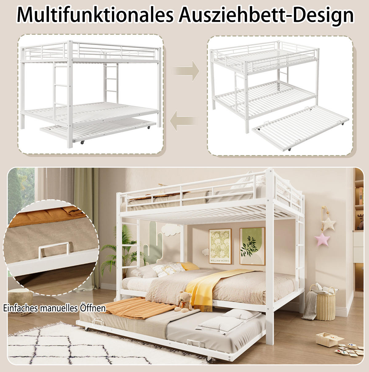 ETAGENBETT 140/200 cm Weiß mit Ausziehbett ohne Matratze - Weiß, Metall (140/200cm) - MIVRAY