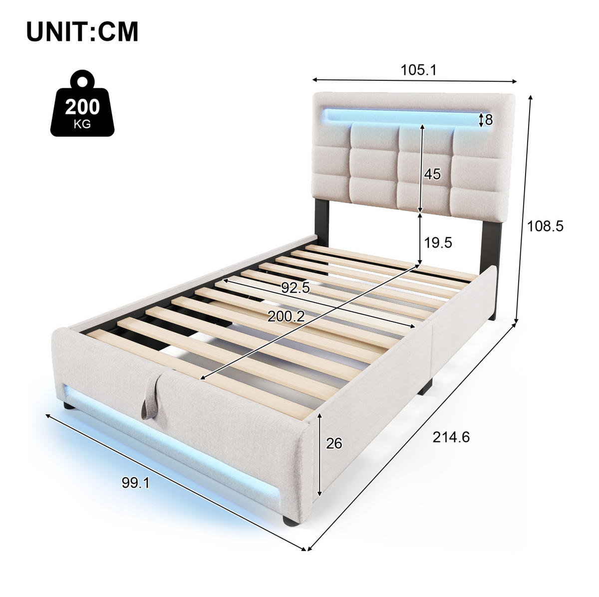 POLSTERBETT 90/200 cm mit App-gesteuerter LED-Beleuchtung, USB-Anschluss und hydraulischem Bettkasten, Beige - Beige, Textil (90/200cm) - Redom
