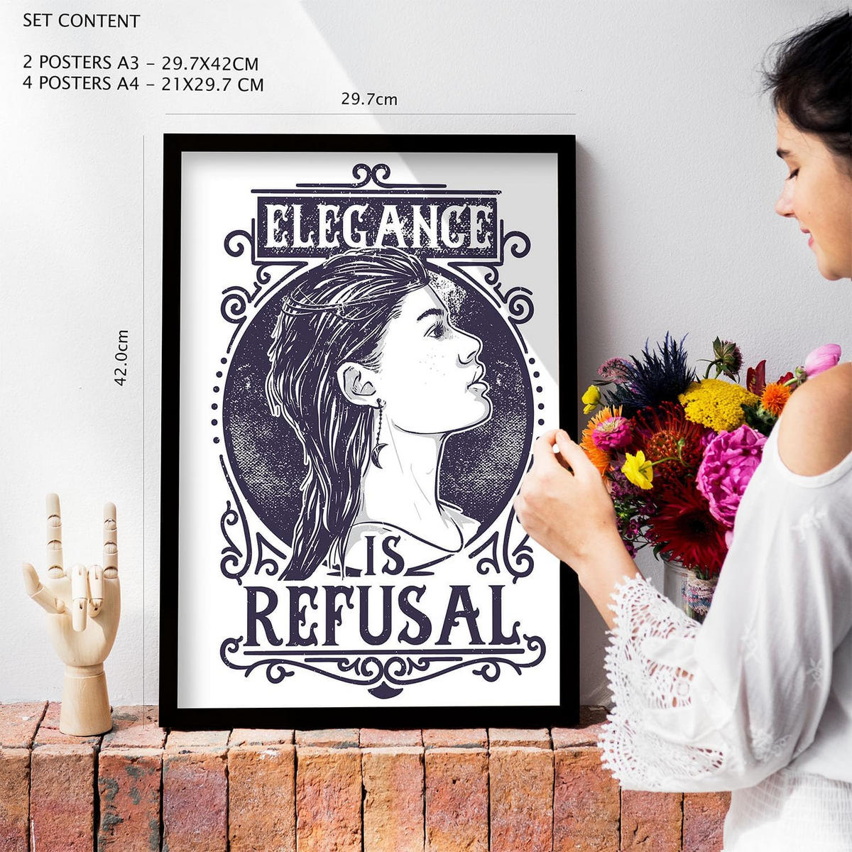 POSTER Set Mit 6 Frau In Rustikale Zitate A3 & A4 Rahmen Aus Hellem Holz - Beige, Papier (29/3cm) - Nacnic