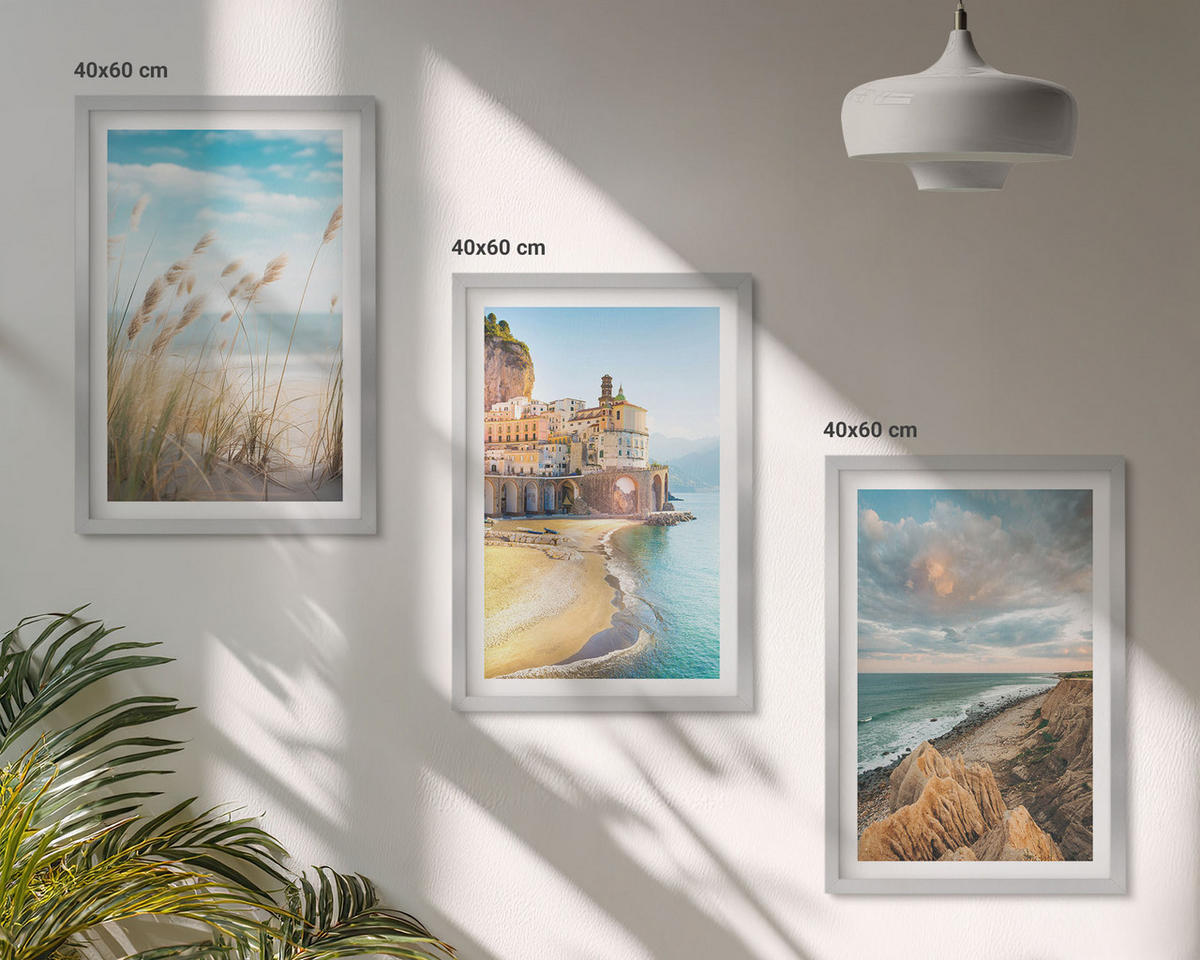 BILDER SET 3er Set - 40x60 cm Silberner Rahmen - Landschaften Strand Klippen Stadt - Silberfarben, Kunststoff (40/60cm) - TULUP
