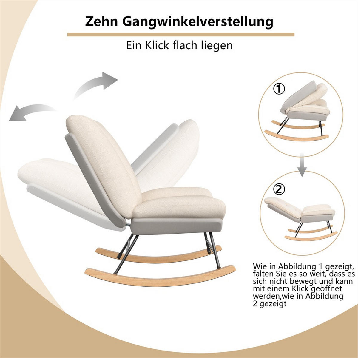 SCHAUKELSTUHL - 5-stufig verstellbare Rückenlehne und Klettverschluss-Fixierung - Cremeweiß-Grau - Creme, Textil (74/710/57cm) - DELFA