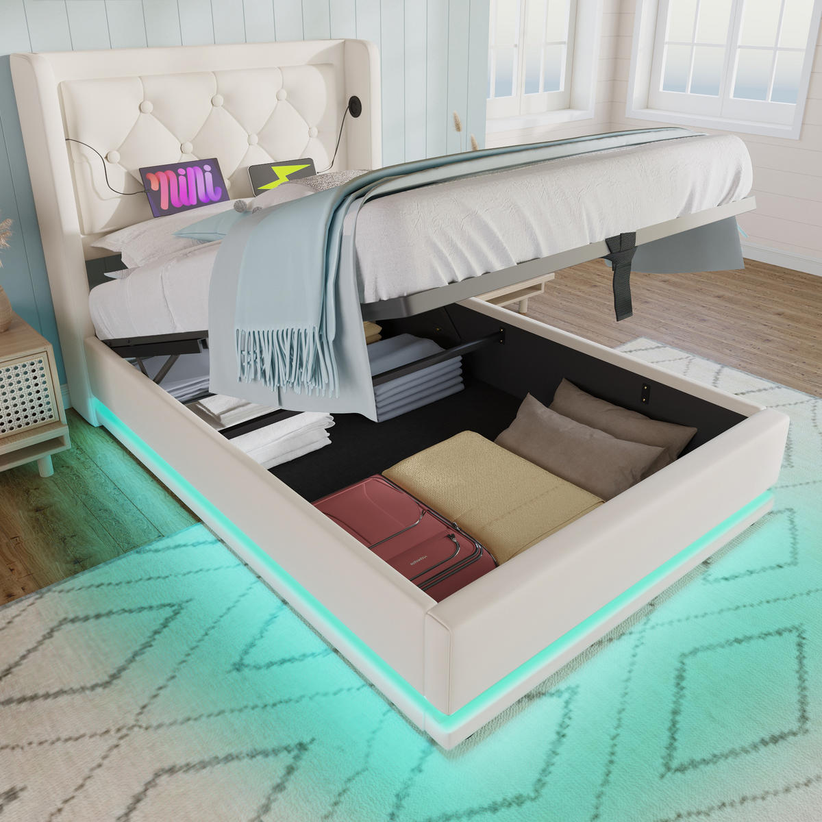 POLSTERBETT mit Bettkasten 90/200 cm in Weiß mit LED und USB-C - Weiß, Kunststoff (90/200cm) - BEAOK