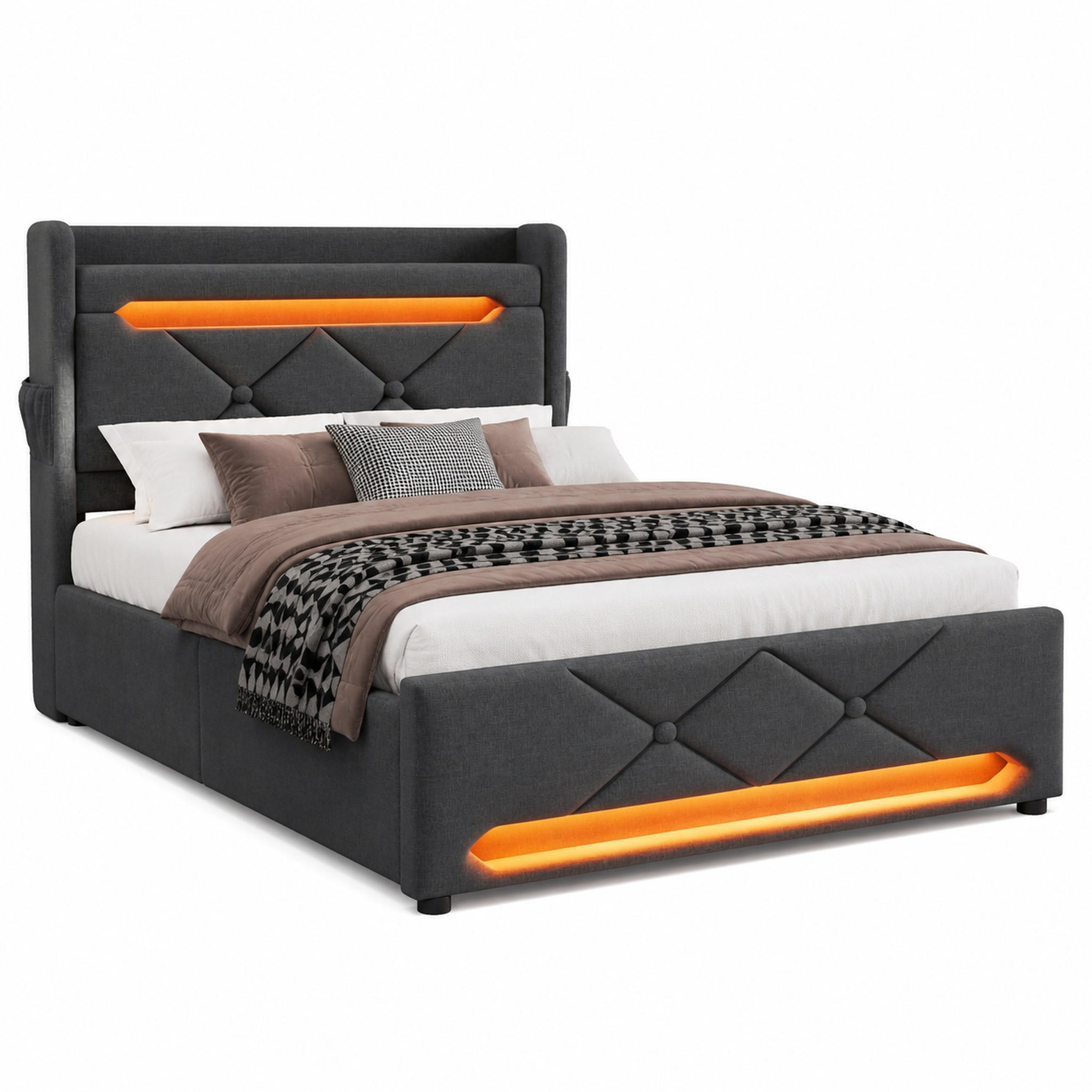 BETT mit LED, USB und Stauraum 90x200 cm Leinen Grau - Grau, Metall (90/200cm) - Meubliv