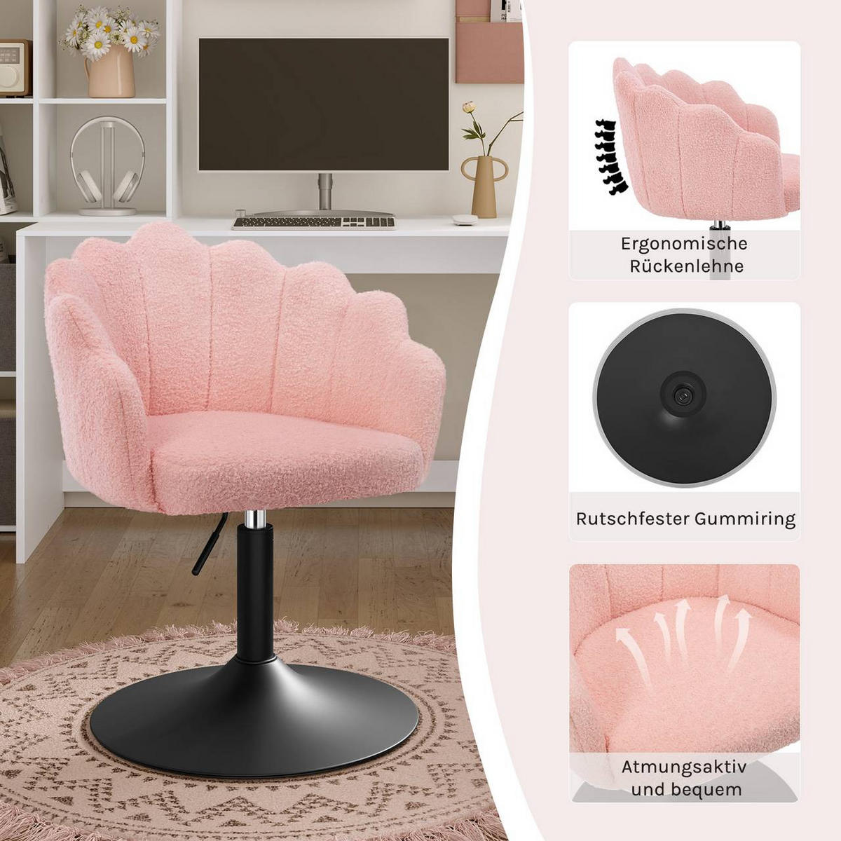 DREHSTUHL, Blumenform, Boucle-Stoff, Schminkstuhl, Rosa - Schwarz/Rosa, Textil/Metall (55/67/50cm) - Woltu