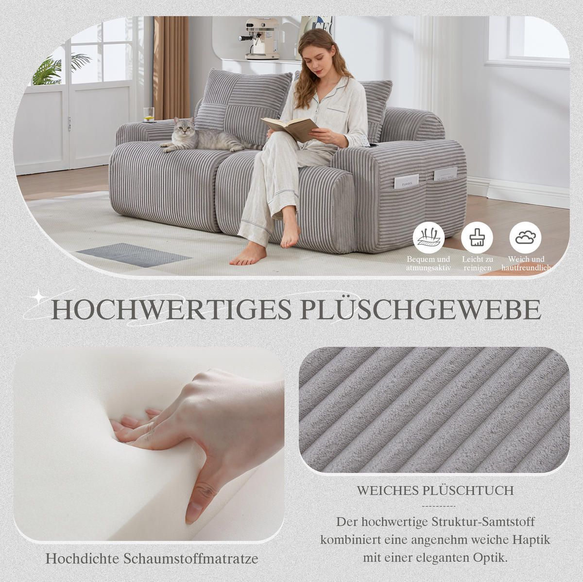 DVOJSEDAČKA 200/99/80 cm světle šedá z kordurové látky s držákem na nápoje a kapsou - světle šedá, textil (99/80/200cm) - OKWISH