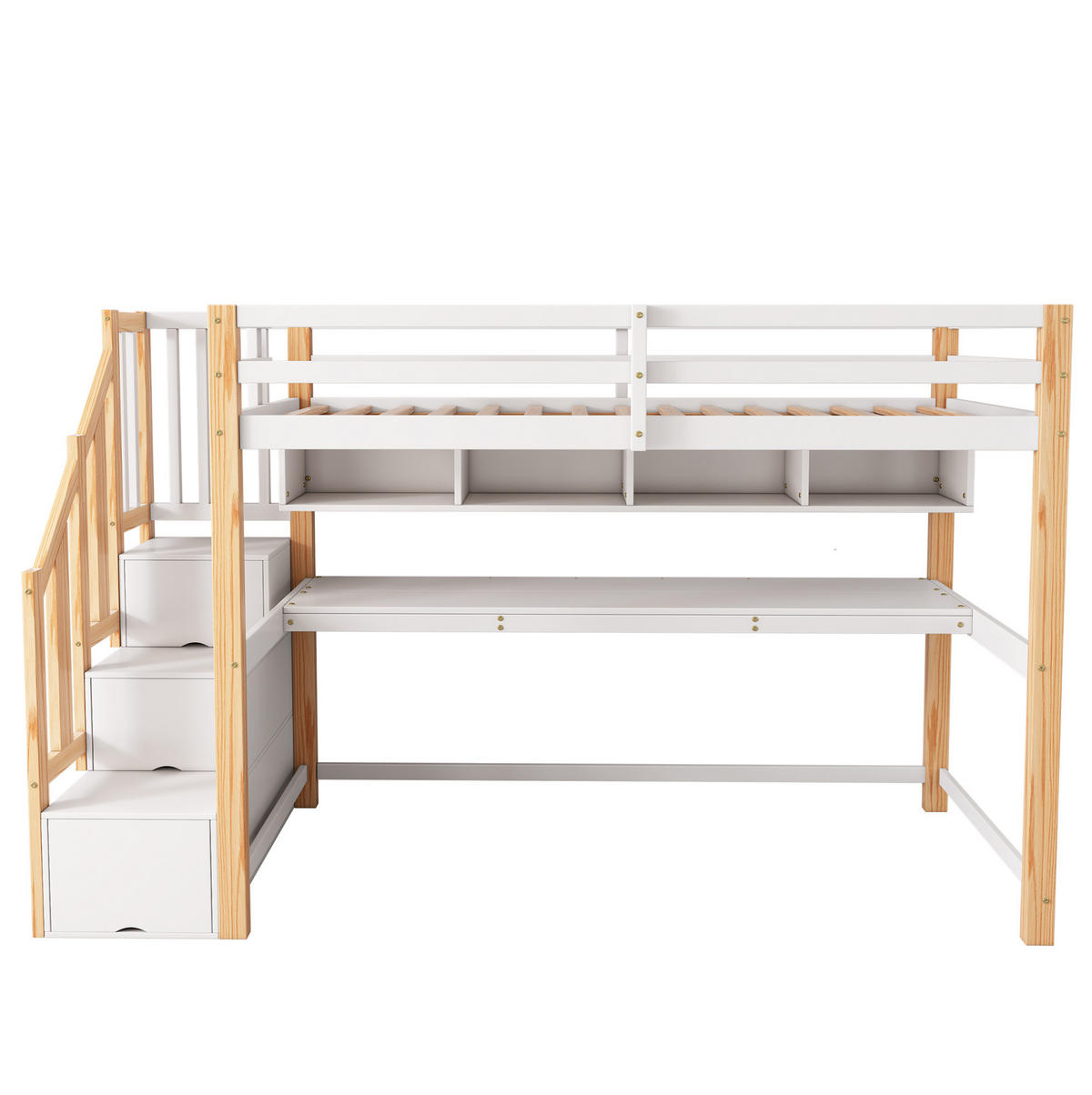 HOCHBETT 90/200 cm mit Schreibtisch, Treppe und Regalen, Weiß/Eiche - Weiß, Holzwerkstoff (90/200cm) - Redom