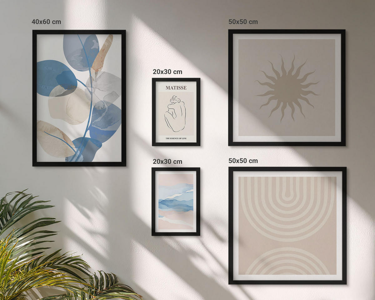 WANDBILDER 5er-Set - 50x50 cm & 20x30 cm & 40x60 cm Schwarzer Rahmen - Linien, Wellen, Pastellfarben, minimalistisch - Schwarz, Kunststoff (40/60cm) - ArtPrintCave