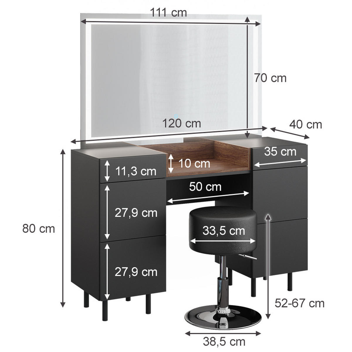 SCHMINKTISCH Anika Anthrazit 120 cm mit LED Spiegel und Hocker - Anthrazit/Walnussfarben, Holzwerkstoff (120/80/40cm) - Vicco