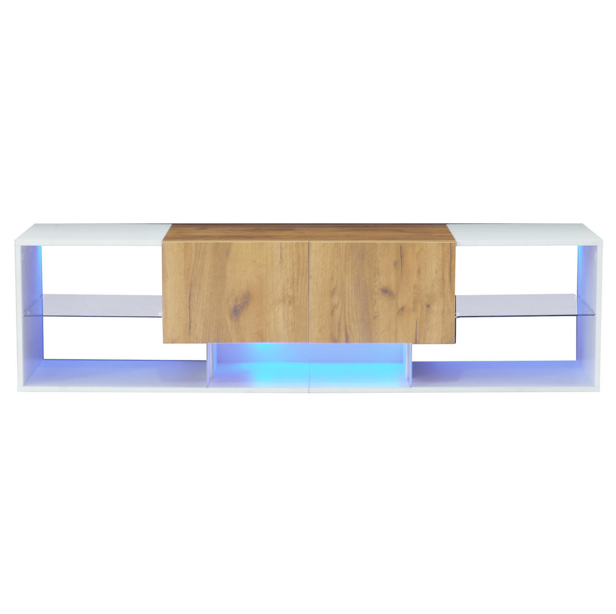 TV-LOWBOARD aus Spanplatte 160x40x42 cm Antikweiß mit LED-Beleuchtung, Glasablage und 2 Schubladen - Hellbraun, Holzwerkstoff (160/42/40cm) - IVMEU