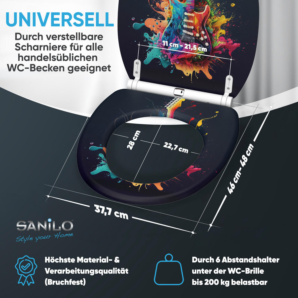WC-SITZ mit Absenkautomatik & Top Fix Guitar - Schwarz, Holzwerkstoff (37.7/5.5/48cm) - Sanilo