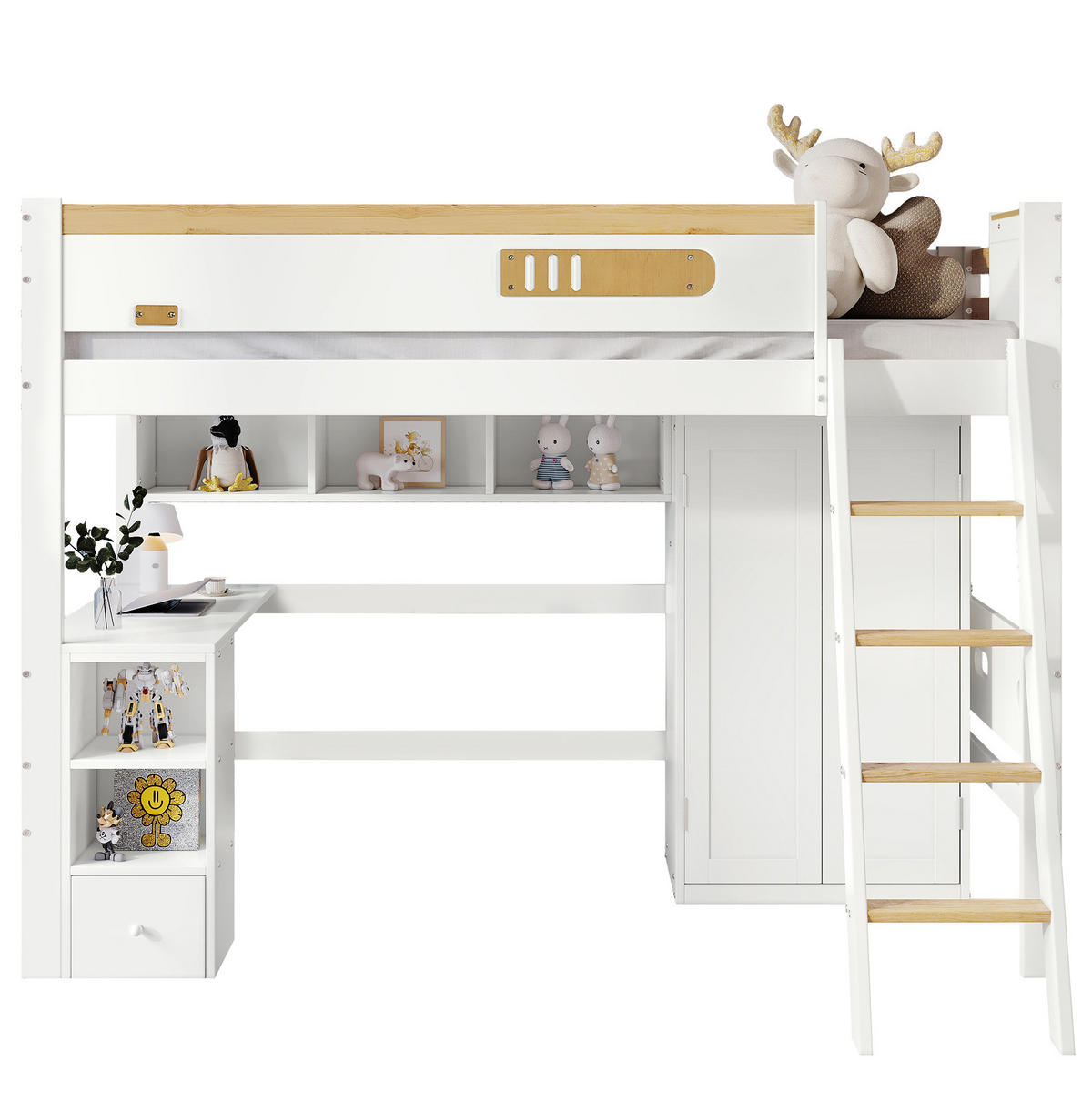 HOCHBETT 90/200 cm in Weiß/Natur mit Schreibtisch und Kleiderschrank - Weiß, Holz (90/200cm) - Flora Grace