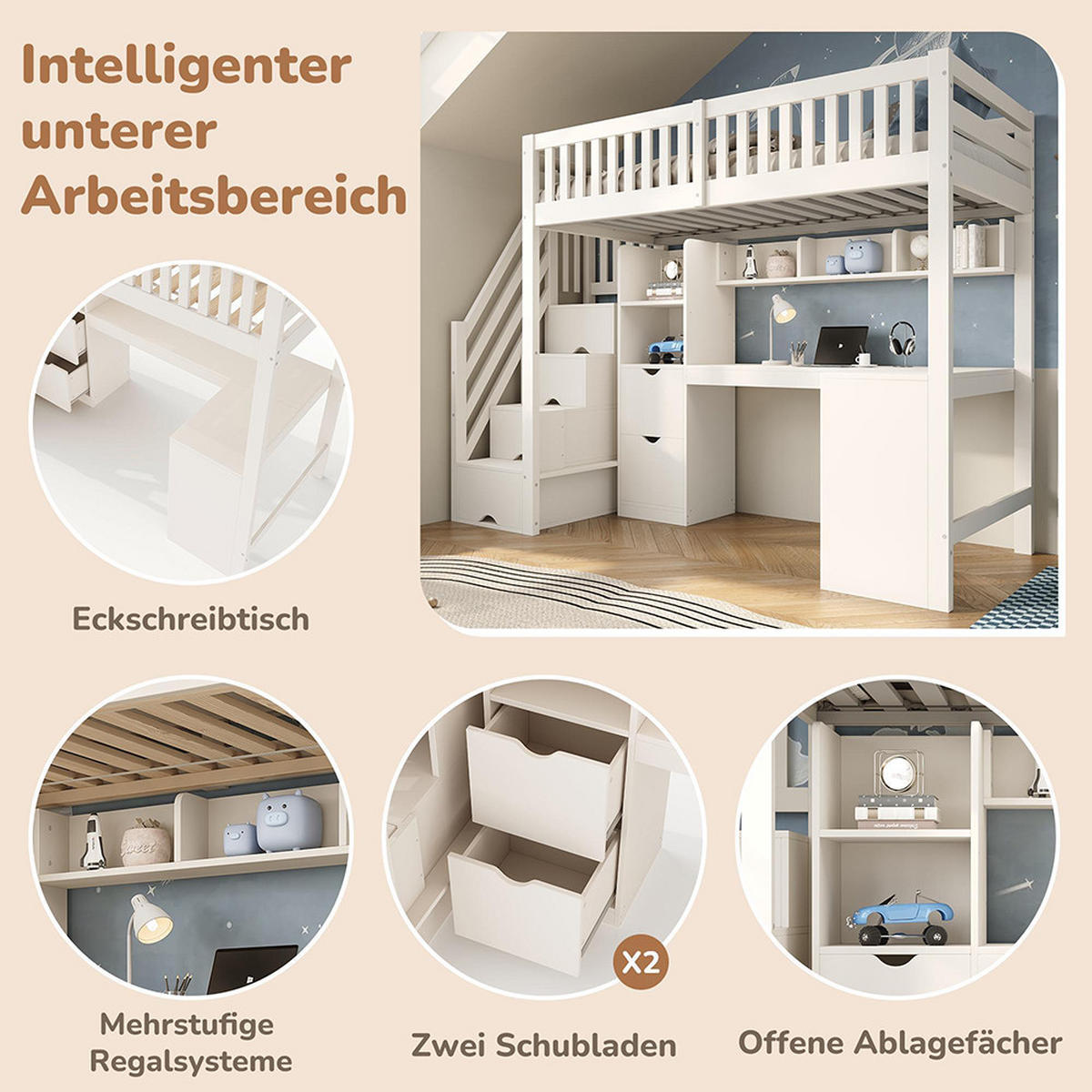 HOCHBETT 90x200 cm mit Treppenschrank in Weiß - Weiß, Holz (90/200cm) - KOMHTOM