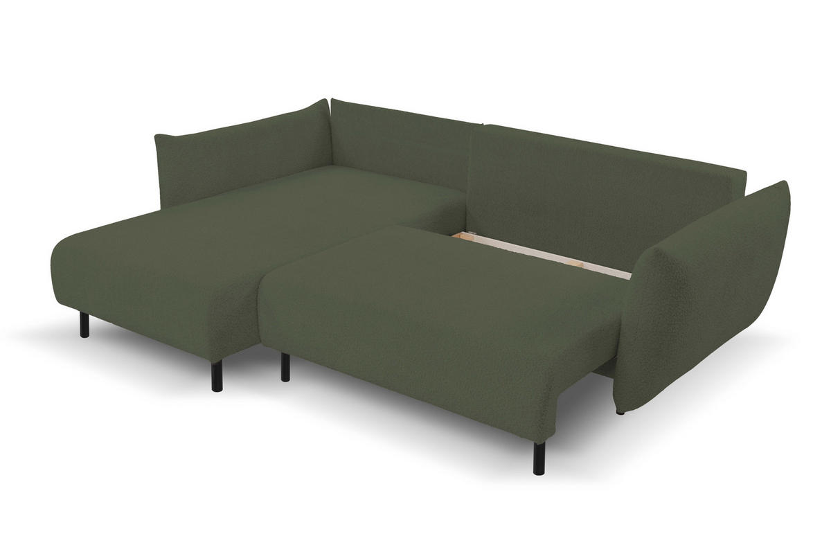 ECKSOFA ADEL mit Schlaffunktion und Bettkasten, L-förm, Metallbeine, verstellbar lose Rückenkissen, freistehend, LINKS, 171x257x90 cm, Green - Grün, Holz/Textil (171/257cm) - DomoHome