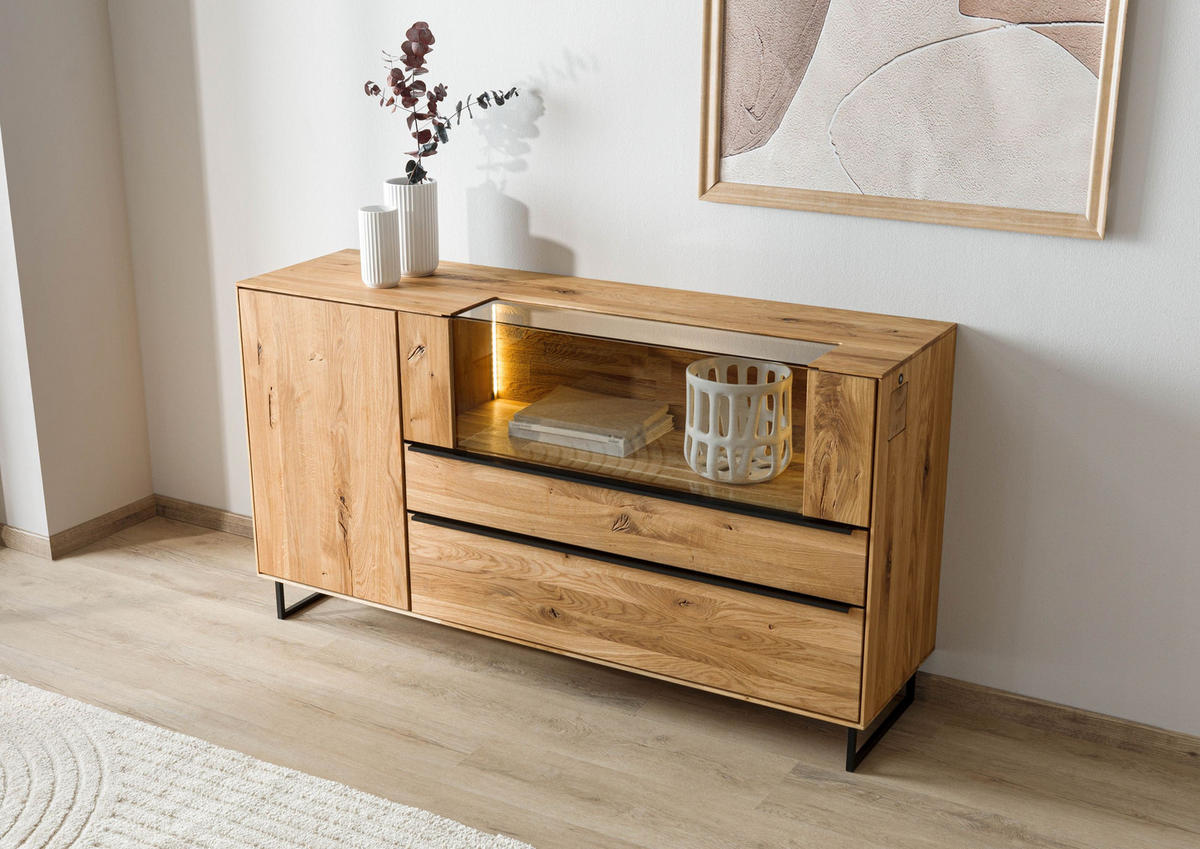 SIDEBOARD Wildeiche 160x43x87 natur geölt WIEN #220 - Braun, Holz (160/87/43cm) - Massivmoebel24