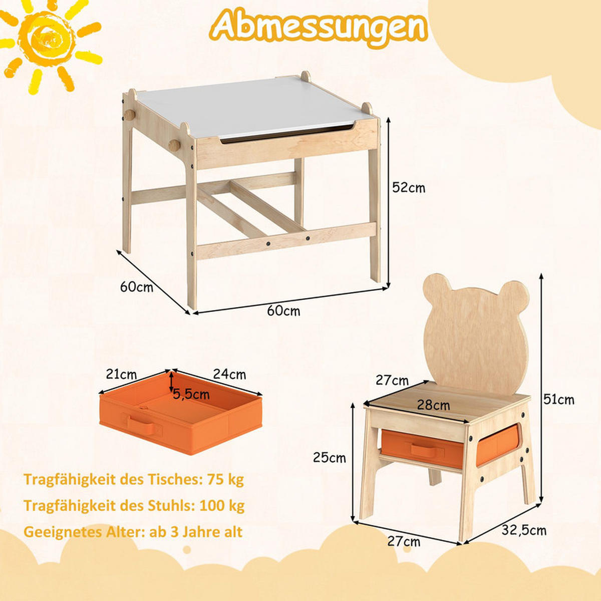 KINDERTISCH mit Stühlen natur(3-tlg) - Naturfarben, Holzwerkstoff (60/52/60cm) - COSTWAY