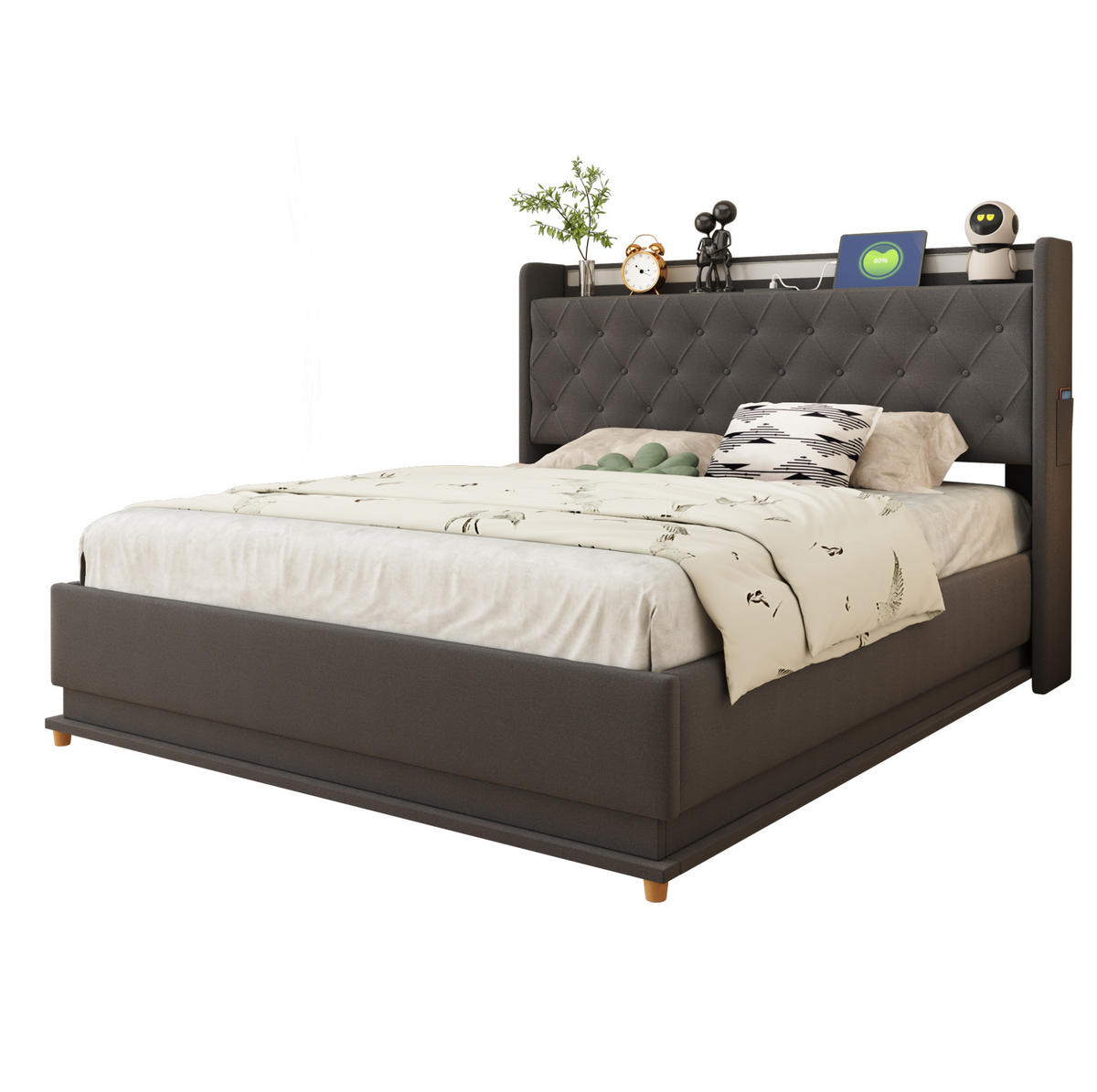 POLSTERBETT aus Stoff 140x200 cm Grau mit LED-Beleuchtung, USB-Anschluss und hydraulischem Stauraum - Grau, Textil (140/200cm) - IVMEU