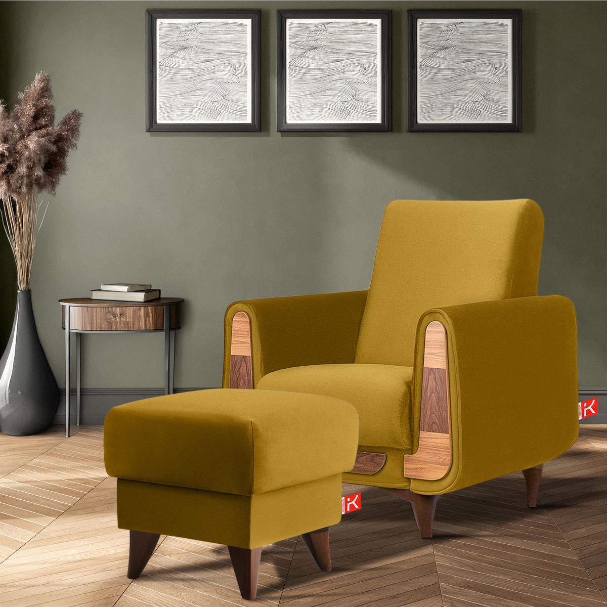 HOCKER GUSTAVO Fußstütze, Velours, Gelb - Gelb, Holz/Holzwerkstoff (53/49/53cm) - KONSIMO®