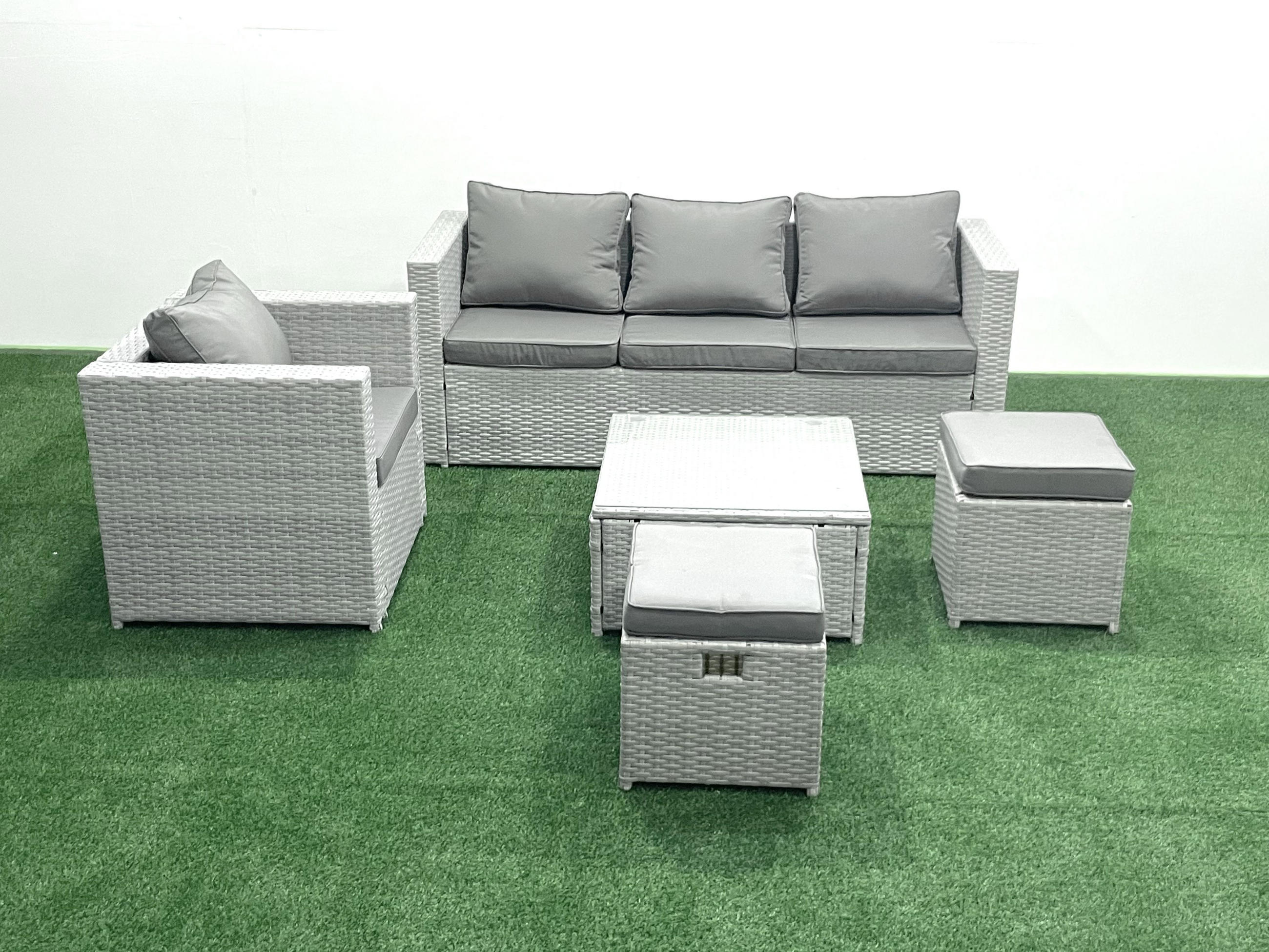 GARTENMÖBEL-SET mit Kissen Polyrattan Hellgrau-Mix 6-Sitzer - Hellgrau/Grau, Glas/Kunststoff - Fimous