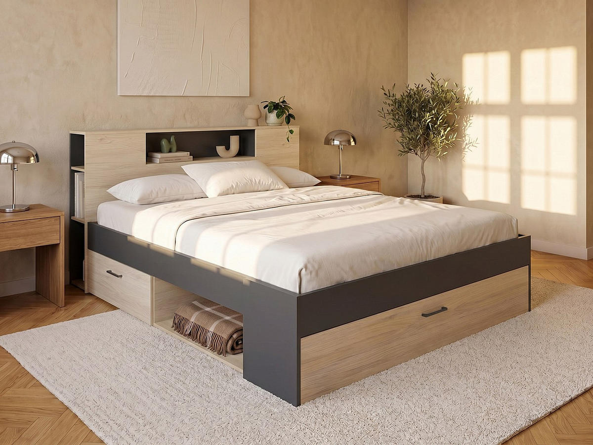 BETTRAHMEN - 2 Personen - holz - anthrazitgrau, naturfarben hell Leandre - Anthrazit/Naturfarben, Holz (160/200cm) - Vente-Unique