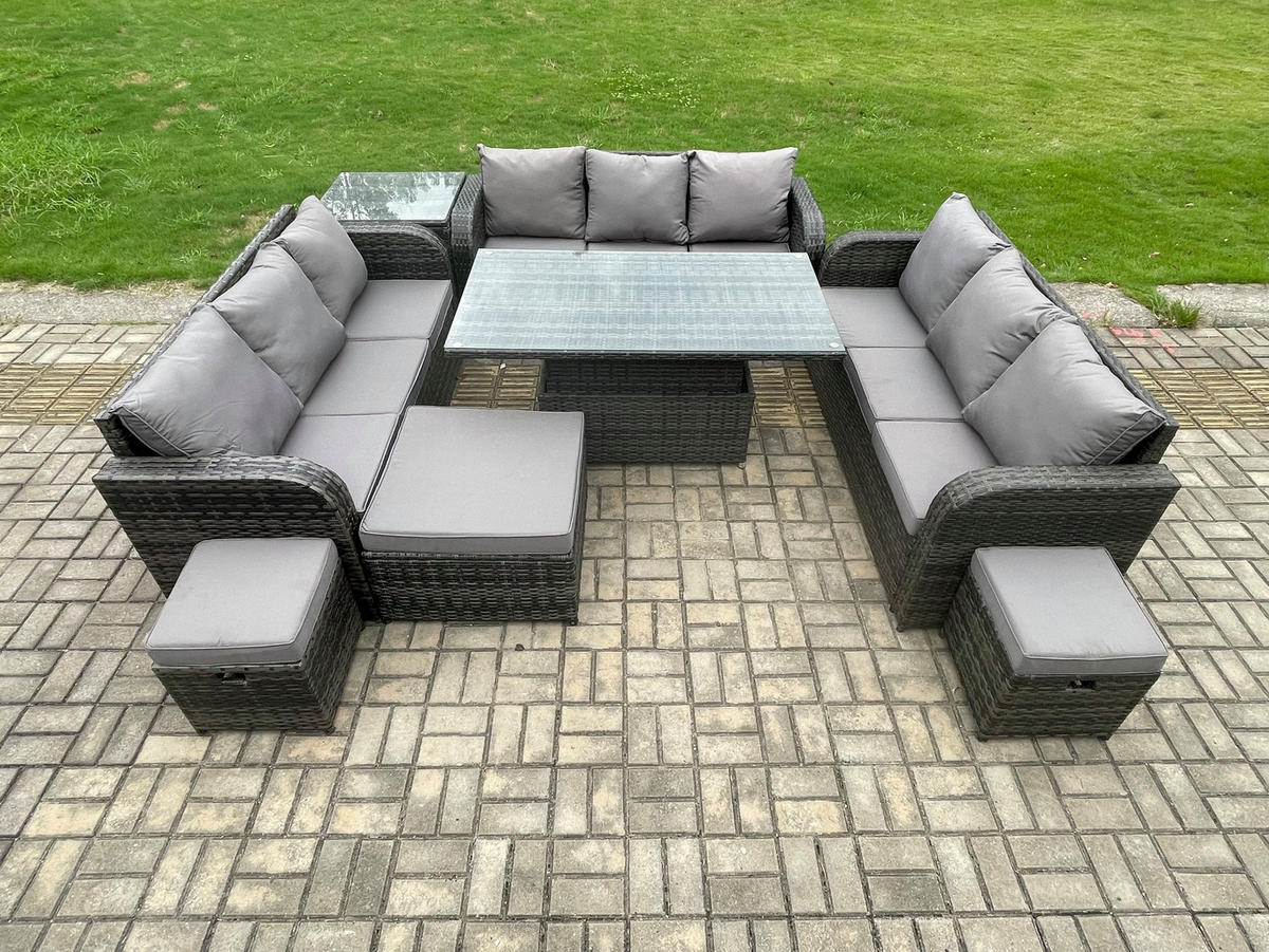 LOUNGESOFA Polyrattan 12-Sitzer - Dunkelgrau/Grau, Glas/Kunststoff - Fimous